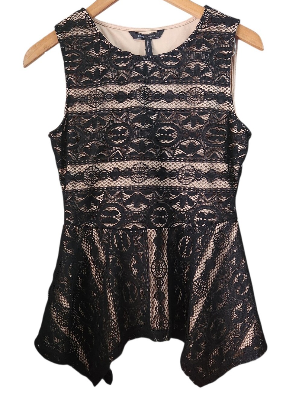 BCBGMaxAzria Black Lace Peplum Top with Nude Lining